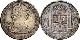 1781. Carlos III. México. FF. 8 reales. (Cal. 931). 26,74 g. Rayita. Pátina. MBC-/MBC.