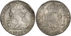 1789. Carlos III. México. FM. 8 reales. (Cal. 944). 26,63 g Defecto de acuñación en canto. Rayitas. Escasa. MBC-.
