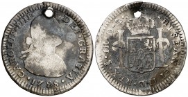 1798. Carlos IV. Santiago. DA. 1 real. (Cal. 1205). 3,22 g. Perforación. Escasa. (BC).