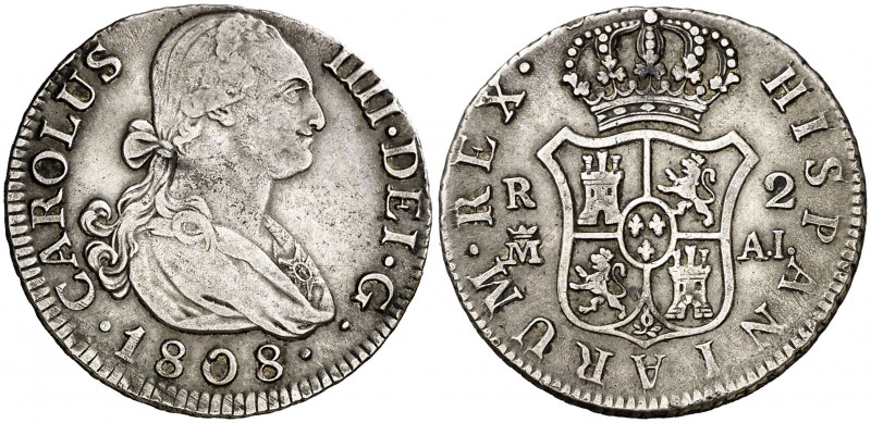 1808. Carlos IV. Madrid. AI. 2 reales. (Cal. 980). 5,74 g. MBC/MBC+.