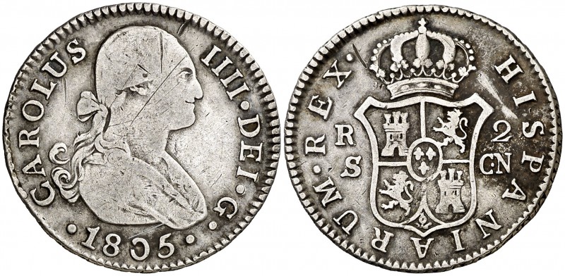 1805. Carlos IV. Sevilla. CN. 2 reales. (Cal. 1068). 5,71 g. Rayitas. MBC-/MBC.