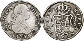 1805. Carlos IV. Sevilla. CN. 2 reales. (Cal. 1068). 5,71 g. Rayitas. MBC-/MBC.