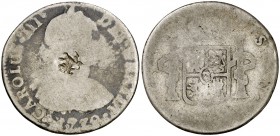 Carlos IV. 2 reales. (Rodríguez Lorente 1420, mismo ejemplar). 5,89 g. ¿Prueba de punzón? de un león a izquierda en el anverso. Rara. RC.