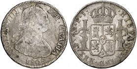 1808. Carlos IV. Potosí. PJ. 4 reales. (Cal. 885 var). 13,27 g. Escasa. BC+/MBC-.