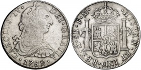 1789. Carlos IV. México. FM. 8 reales. (Cal. 681). 26,80 g. Busto de Carlos III. Ordinal IV. Golpecitos. Escasa. (MBC-).