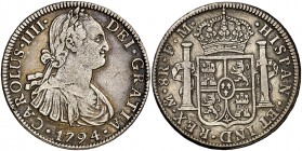 1794. Carlos IV. México. FM. 8 reales. (Cal. 687). 26,78 g. MBC-/MBC.