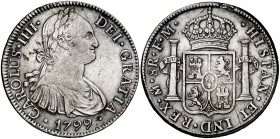 1799. Carlos IV. México. FM. 8 reales. (Cal. 694). 26,84 g. Limpiada. (MBC-).