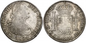 1804. Carlos IV. México. TH. 8 reales. (Cal. 701). 26,92 g. Golpecitos. BC+.