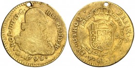 1798. Carlos IV. Popayán. JF. 1 escudo. (Cal. 529) (Restrepo 85-14). 3,22 g. Perforación. Escasa. BC/BC+.