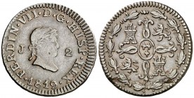 1819. Fernando VII. Jubia. 2 maravedís. (Cal. 1586). 2,80 g. Leves hojitas. MBC/MBC+.
