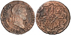 1825. Fernando VII. Segovia. 2 maravedís. (Cal. 1725). 2,12 g. HSIP en lugar de HISP. Oxidaciones. Escasa. (MBC-).