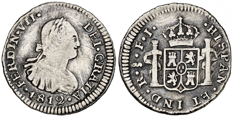 1812. Fernando VII. Santiago. FJ. 1/2 real. (Cal. 1391). 1,65 g. Rayitas. (BC+/M...