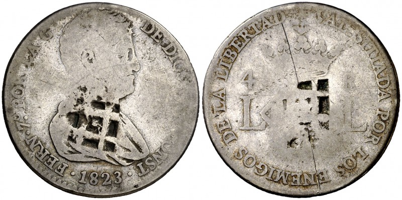 1823. Fernando VII. Valencia. 4 reales. 5,61 g. Doble resello de Vique (De Mey 4...
