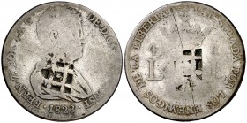 1823. Fernando VII. Valencia. 4 reales. 5,61 g. Doble resello de Vique (De Mey 481). BC.