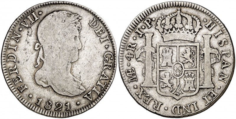 1821. Fernando VII. Lima. JP. 4 reales. (Cal. 750). 13 g. BC/BC+.