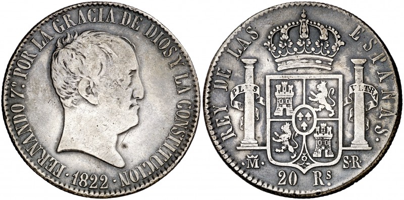 1822. Fernando VII. Madrid. SR. 20 reales. (Cal. 516). 26,62 g. Tipo "cabezón". ...
