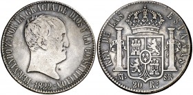 1822. Fernando VII. Madrid. SR. 20 reales. (Cal. 516). 26,62 g. Tipo "cabezón". Escasa. MBC-.