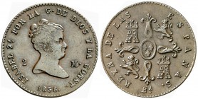 1858. Isabel II. Barcelona. 2 maravedís. (Cal. 538). 2,35 g. Escasa. MBC/MBC+.