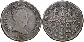1836. Isabel II. Segovia. 8 maravedís. (Cal. 491). 10,90 g. Valor y ceca en reverso. Escasa. BC/BC+.