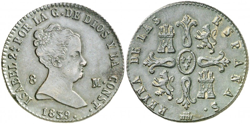 1839. Isabel II. Segovia. 8 maravedís. (Cal. 494). 9,97 g. Hojita. Muy escasa. M...