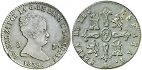 1839. Isabel II. Segovia. 8 maravedís. (Cal. 494). 9,97 g. Hojita. Muy escasa. MBC+/EBC-.