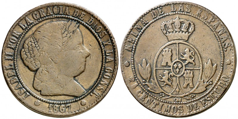 1867. Isabel II. Barcelona. . 2 1/2 céntimos de escudo. (Barrera 670 sim). 5,94 ...