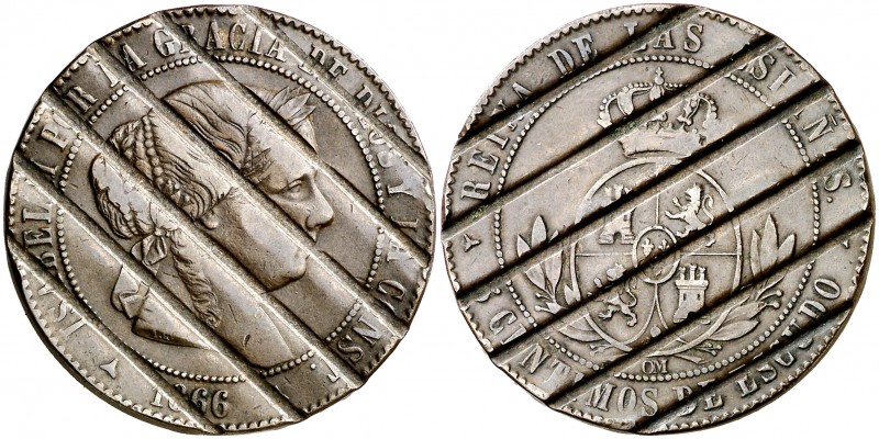 1866. Isabel II. Segovia. . 5 céntimos de escudo. (Cal. 633 var). 12,53 g. Desmo...