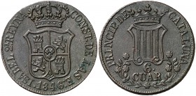 1846. Isabel II. Barcelona. 6 cuartos. (Cal. 698). 13,30 g. Flores de 7 pétalos. Barras del escudo listadas. MBC+.
