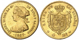 1867. Isabel II. Madrid. 4 escudos. (Cal. 111). 3,33 g. MBC+/EBC-.