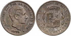 1878. Alfonso XII. Barcelona. . 5 céntimos. (Cal. 72). 4,73 g. MBC+.
