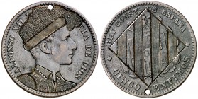 1877-1879. Alfonso XII. Barcelona. . 5 céntimos. (Cal. tipo 15). 4,59 g. Perforación. MBC+.