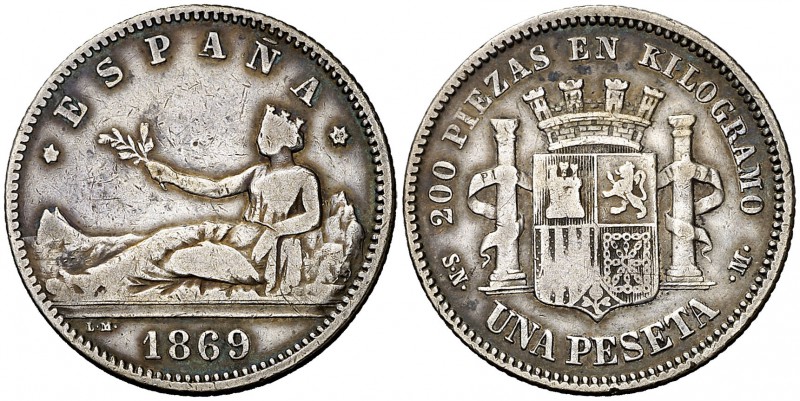 1869*--69. Gobierno Provisional. SNM. 1 peseta. (Cal. 15). 4,83 g. ESPAÑA. Escas...