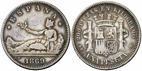 1869*--69. Gobierno Provisional. SNM. 1 peseta. (Cal. 15). 4,83 g. ESPAÑA. Escasa. BC+.
