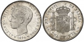 1896*1896. Alfonso XIII. PGV. 1 peseta. (Cal. 41). 5 g. Brillo original. S/C-.