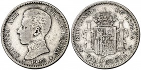 1905*1905. Alfonso XIII. SMV. 1 peseta. (Cal. 51). 4,94 g. Escasa. BC+.