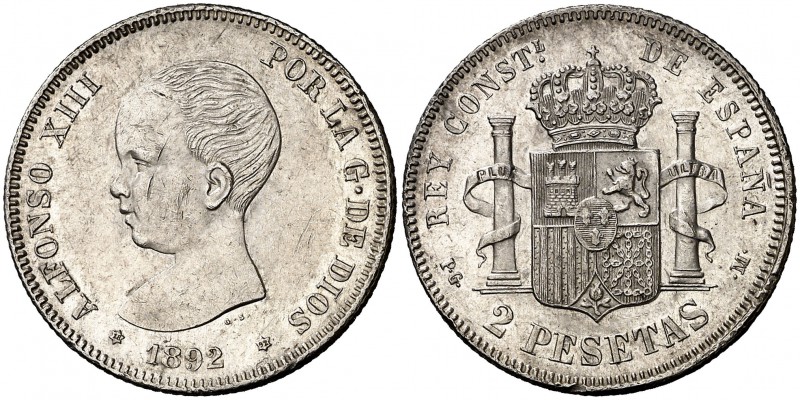 1892*1892. Alfonso XIII. PGM. 2 pesetas. (Cal. 32). 9,92 g. Rayitas y golpecitos...