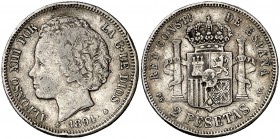 1894*1894. Alfonso XIII. PGV. 2 pesetas. (Cal. 33). 9,93 g. Golpes. Escasa. BC+.