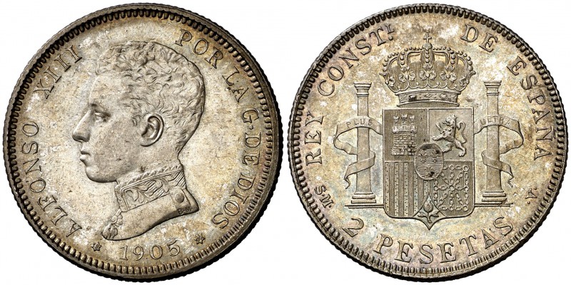 1905*1905. Alfonso XIII. SMV. 2 pesetas. (Cal. 34). 9,99 g. Pátina. EBC+.