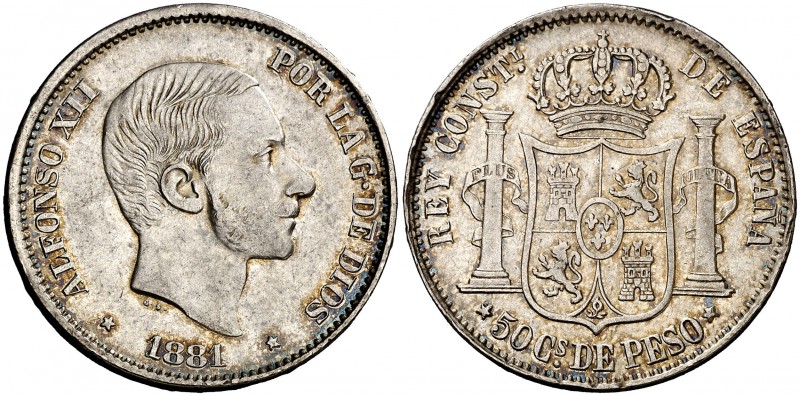 1881. Alfonso XII. Manila. 50 centavos. (Cal. 79). 12,94 g. Golpecitos. Bonita p...