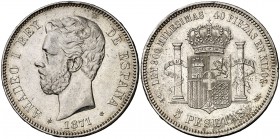 1871*1874. Amadeo I. DEM. 5 pesetas. (Cal. 10). 24,92 g. Leves golpecitos. MBC.