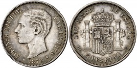1879*1879. Alfonso XII. EMM. 5 pesetas. (Cal. 31). 24,85 g. Pátina. MBC-.