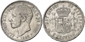 1882/1*1881. Alfonso XII. MSM. 5 pesetas. (Cal. 34 var). 24,93 g. Golpecitos. MBC-.