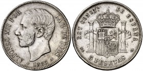 1885*1886. Alfonso XII. MSM. 5 pesetas. (Cal. 41). 24,83 g. Escasa. MBC-.