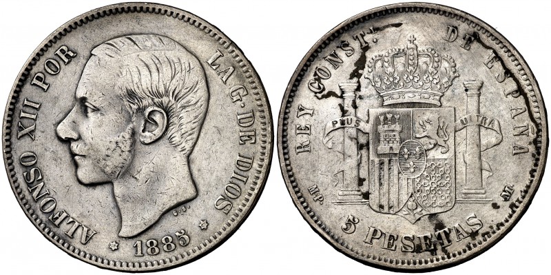 1885*1887. Alfonso XII. MPM. 5 pesetas. (Cal. 43). 24,86 g. MBC-.