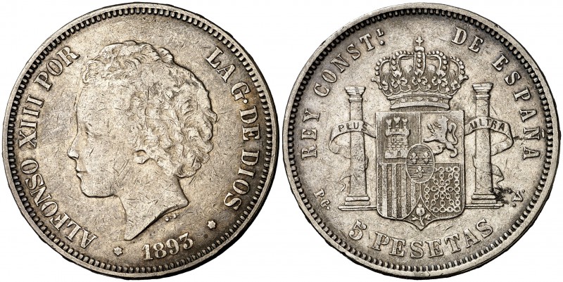 1893*189-. Alfonso XIII. PGV. 5 pesetas. (Cal. 22). 24,74 g. Escasa. MBC.