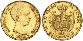 1890*1890. Alfonso XIII. MPM. 20 pesetas. (Cal. 5). 6,43 g. Golpecitos. MBC+.