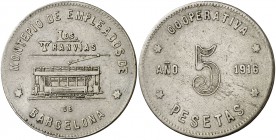 1916. Barcelona. Los Tranvías de Barcelona. Montepío de Empleados. Cooperativa. 5, 10 (dos), 50 céntimos, 1 y 5 pesetas. (AL. 934 y 937 a 940). Lote d...