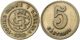 1913. Barcelona. Cooperativa Hostafrancs. Tocino, Carne y Gallina. 5 (dos), 10 céntimos y 5 pesetas. (AL. 1767 a 1769 y 1776). Lote de 4 monedas. Las ...