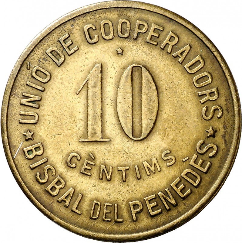 La Bisbal del Penedès. Unió de Cooperadors. 10 céntimos. (AL. 2409). 6,47 g. Rar...