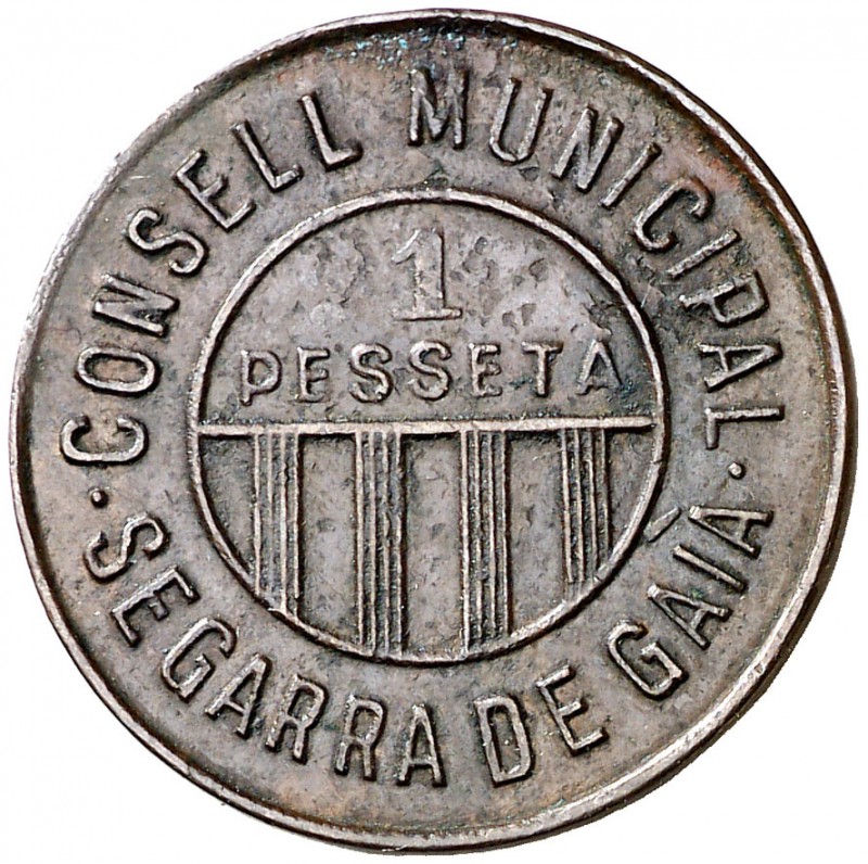 Segarra de Gaià. 1 peseta. (Cal. 18, como serie completa). 3,28 g. Escasa. MBC-....